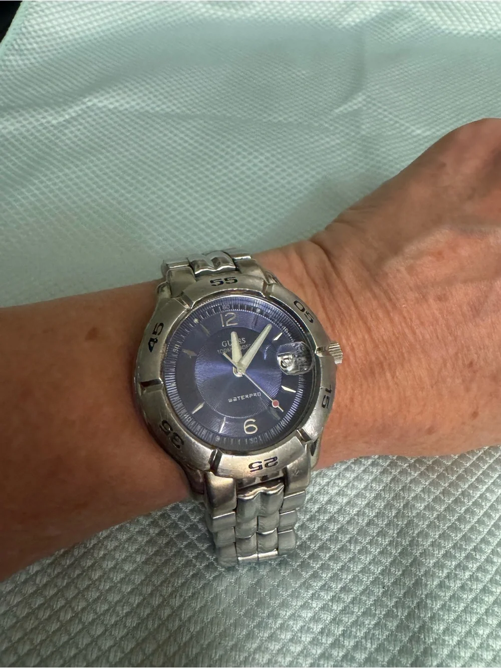 Guess Men's Silver Watch with Blue Dial